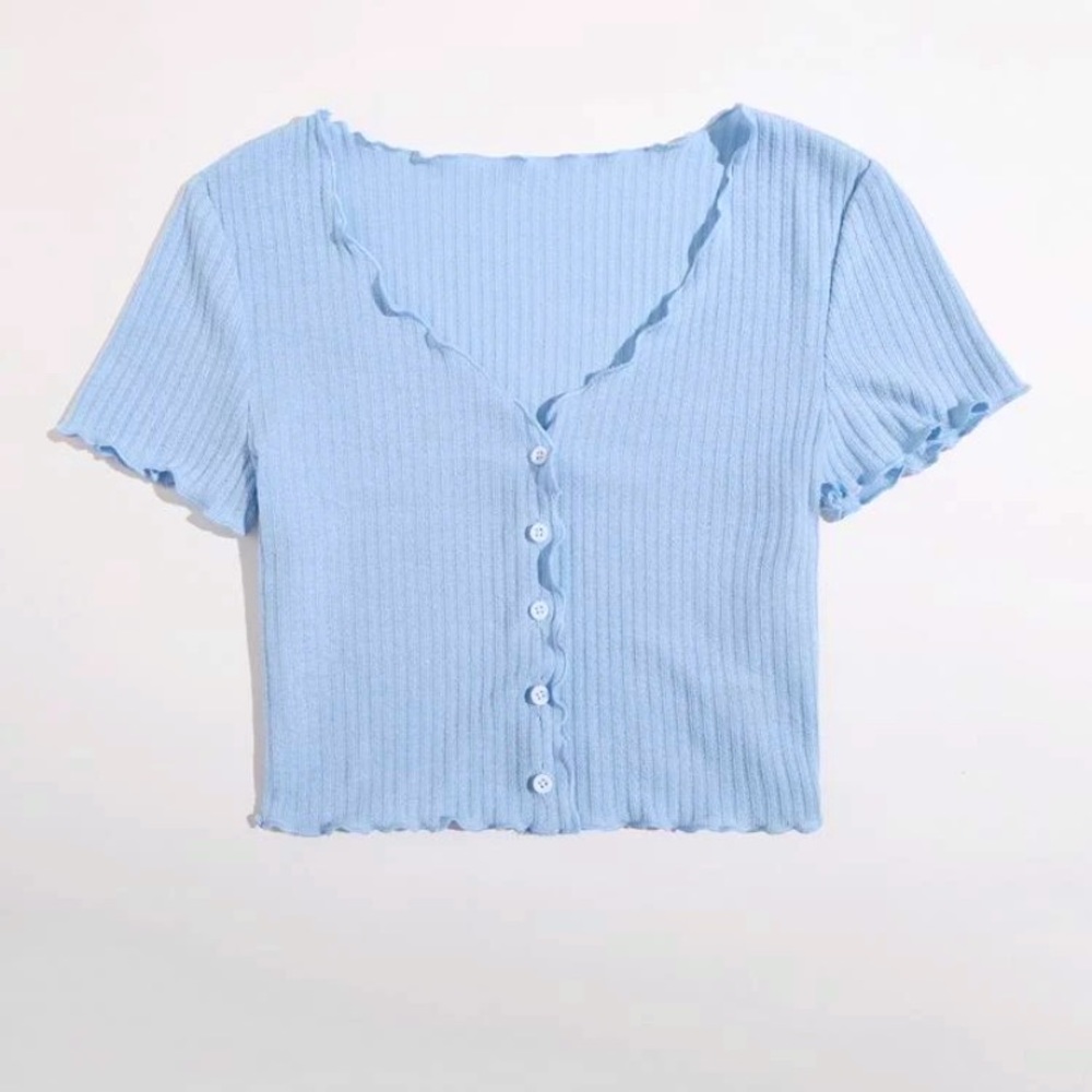 Shein Button Front Lettuce Trim Rib-Knit Tee